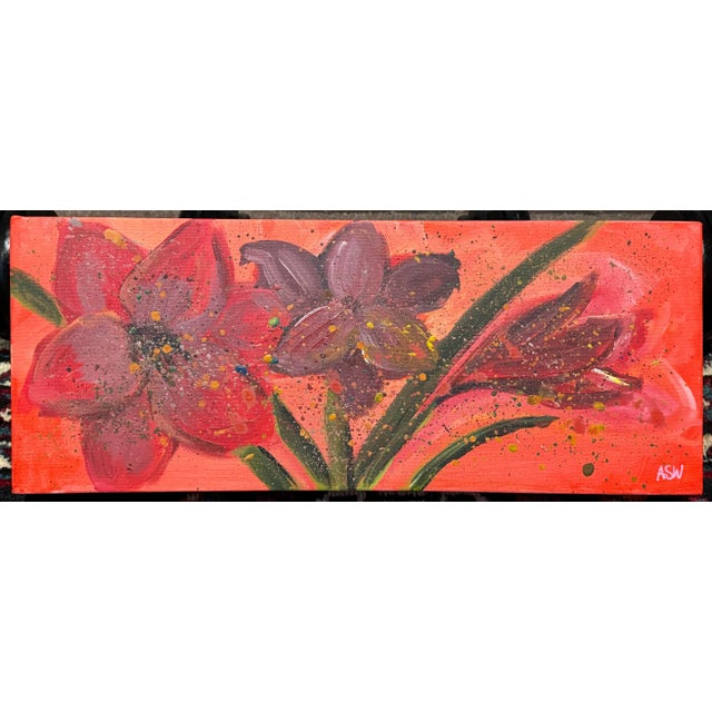 Angela Wakefield Vibrant abstract red flowers with splashes of green & yellow on box canvas 2007 For Sale - Image 4 of 8