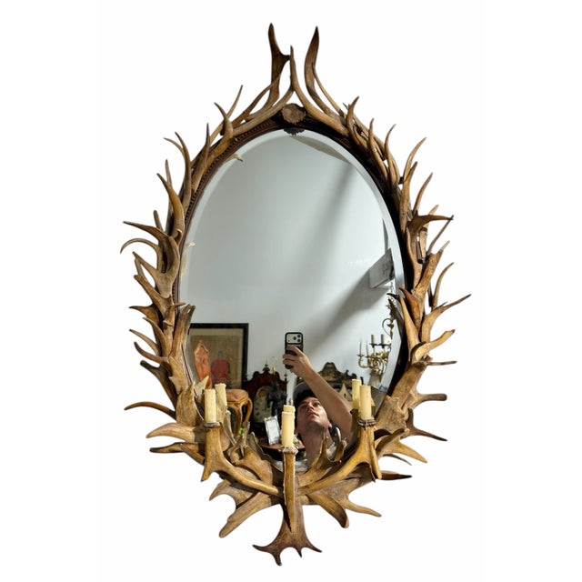 Rustic Superb Oval Designer Candelabra Antler Mirror For Sale - Image 3 of 4