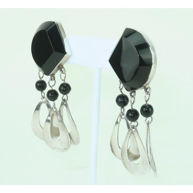 Mid-Century Modern Taxco Mexico Sterling Silver & Black Glass Dangle Earrings, 1960’s, A Pair For Sale - Image 3 of 9