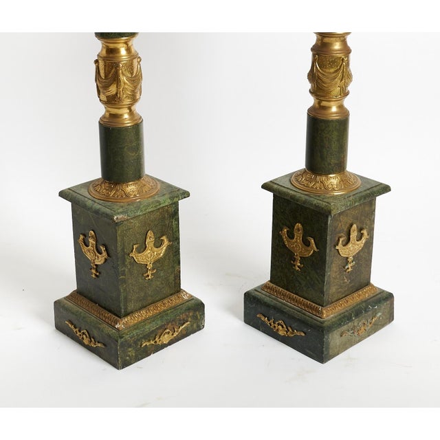 Stone Italian Empire Style Gilt-Bronze / Green Marble Pedestals For Sale - Image 7 of 11