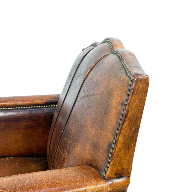 Brown Antique French Moustache Cognac Leather Club Chair, 1920s For Sale - Image 8 of 13