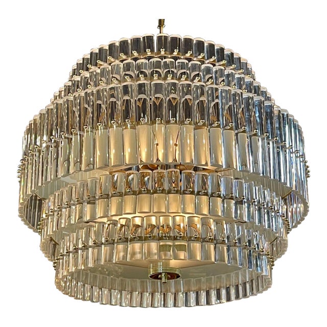 Modern Murano Glass and Brass Multi-Tiered Drum Form Chandelier For Sale