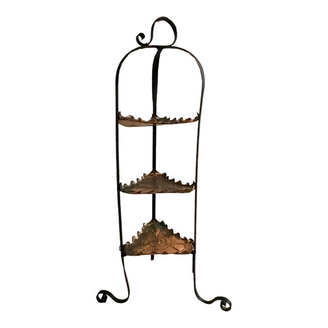 Vintage Midcentury Arts & Crafts Style Wrought Iron & Copper 3-Tier Stand For Sale