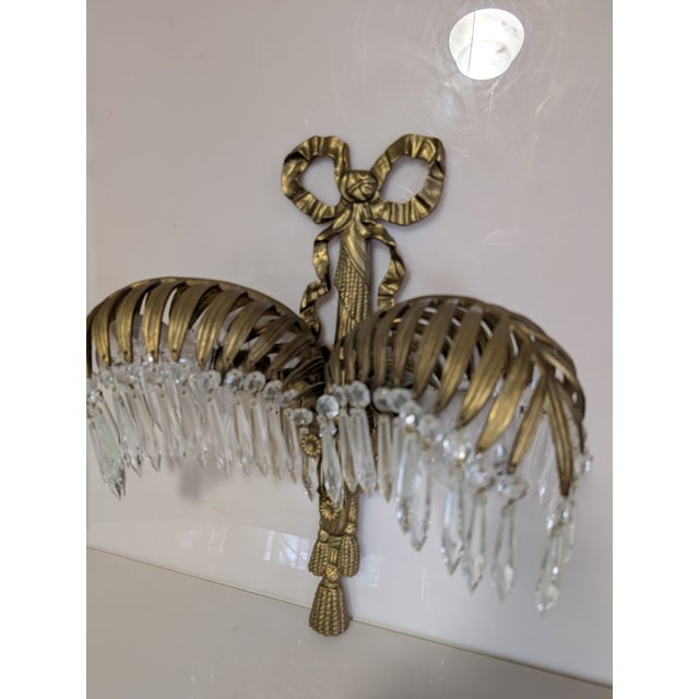 Metal Mid 20th Century Baccarat Style Crystal Bronze Palm Tree Leaf Sconce For Sale - Image 7 of 11