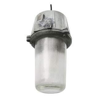 Vintage Industrial Grey Metal and Striped Glass Pendant Lights For Sale