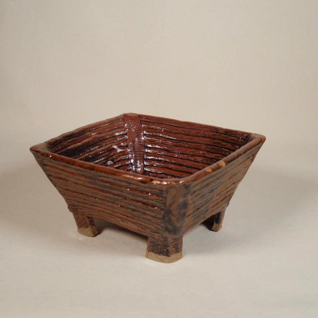 Handbuilt Ceramic Vessel With Square Form on Raised Feet With Carved Linear Texture For Sale In Tulsa - Image 6 of 14