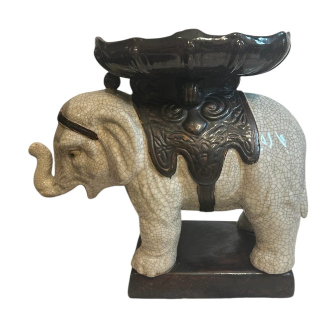Ceramic Vintage Glazed Ceramic Elephant Plant Stand With Decorative Bowl For Sale - Image 7 of 12