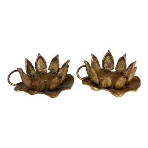 Vintage Traditional Brass Lotus Lily Pad Candle Holder - A Pair