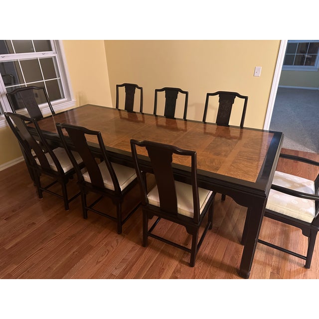 Century Chin Hua Dining Set R Sobota – 8 Chairs + 2 Leaves – Burl Wood – Excellent For Sale - Image 16 of 17