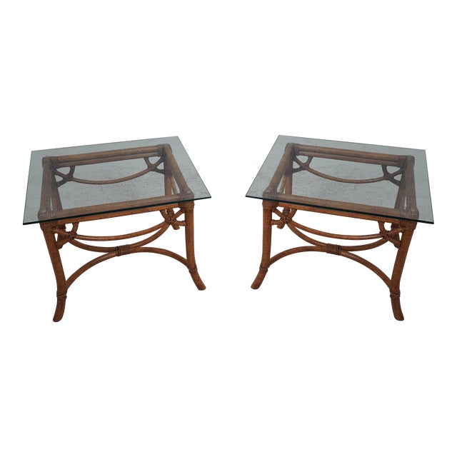 Pair Modern Design Bamboo Base Glass Top Lamp Tables For Sale