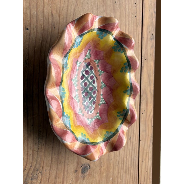 Mackenzie Childs MacKenzie-Childs Hand-Painted Scalloped Ceramic Plate – Keuka Park, New York For Sale - Image 4 of 13