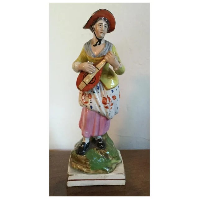 Antique Early 19th Century English George III Staffordshire Pearlware Figure of a Lady Musician Playing a Mandolin 1810 For Sale In New York - Image 6 of 8