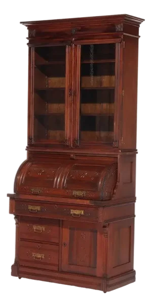 Antique Eastlake Chip Caved Walnut Barrel Roll Cylinder Secretary Desk C1890