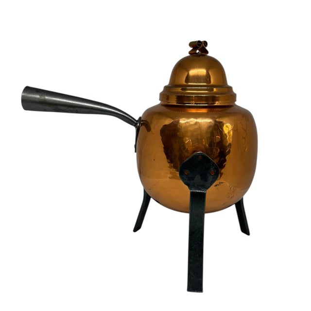 Mid-Century Modern Early 20th Century Swedish Copper Teapot Hand-Forged Hammered Finish Tin Lining Three Iron Legs For Sale - Image 3 of 12