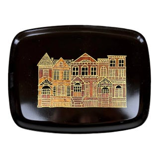 Mid Century Couroc Serving / Bar Tray With Rowhouses Motif For Sale