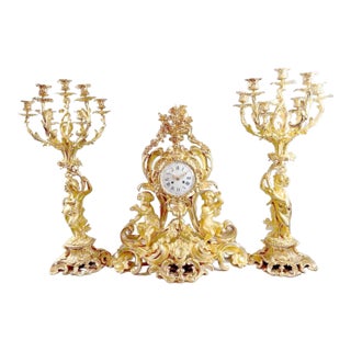 1840s French Louis XV Bronze Gold Leaf Clock & Candelabra Set - 3 Pieces For Sale