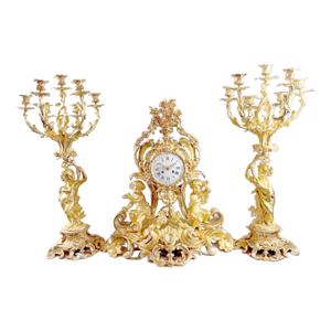 1840s French Louis XV Bronze Gold Leaf Clock & Candelabra Set - 3 Pieces