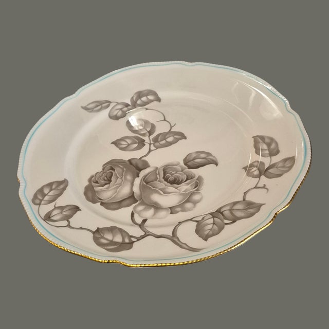 Mid-Century Modern Mid 20th Century Pair of Dinner Plates Castleton Gloria Porcelain Taupe Roses Blue Band 22Kt Gold Trim For Sale - Image 3 of 6