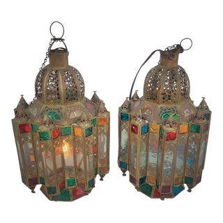 Moorish Multicolored Glass & Brass Lanterns - a Pair For Sale