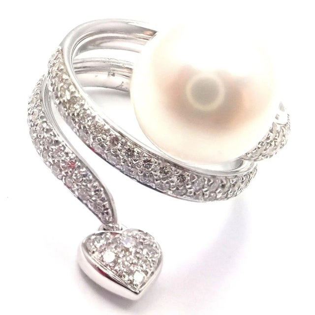 Mikimoto 18k White Gold Diamond South Sea Pearl Heart Ring Cert. For Sale - Image 4 of 10