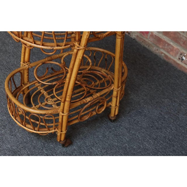 Vintage Italian Oval Bar Cart / Trolley on Caster Wheels in Bamboo and Rattan For Sale - Image 11 of 18