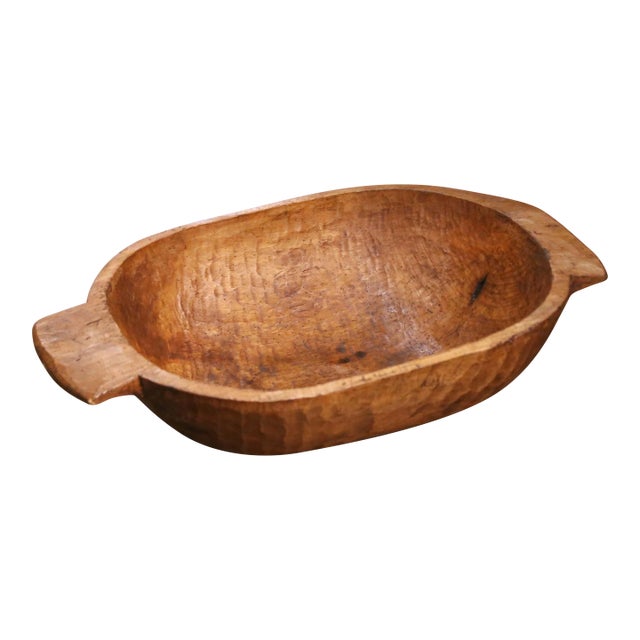19th Century French Elm Dough Bowl With Hand-Carved Handle For Sale