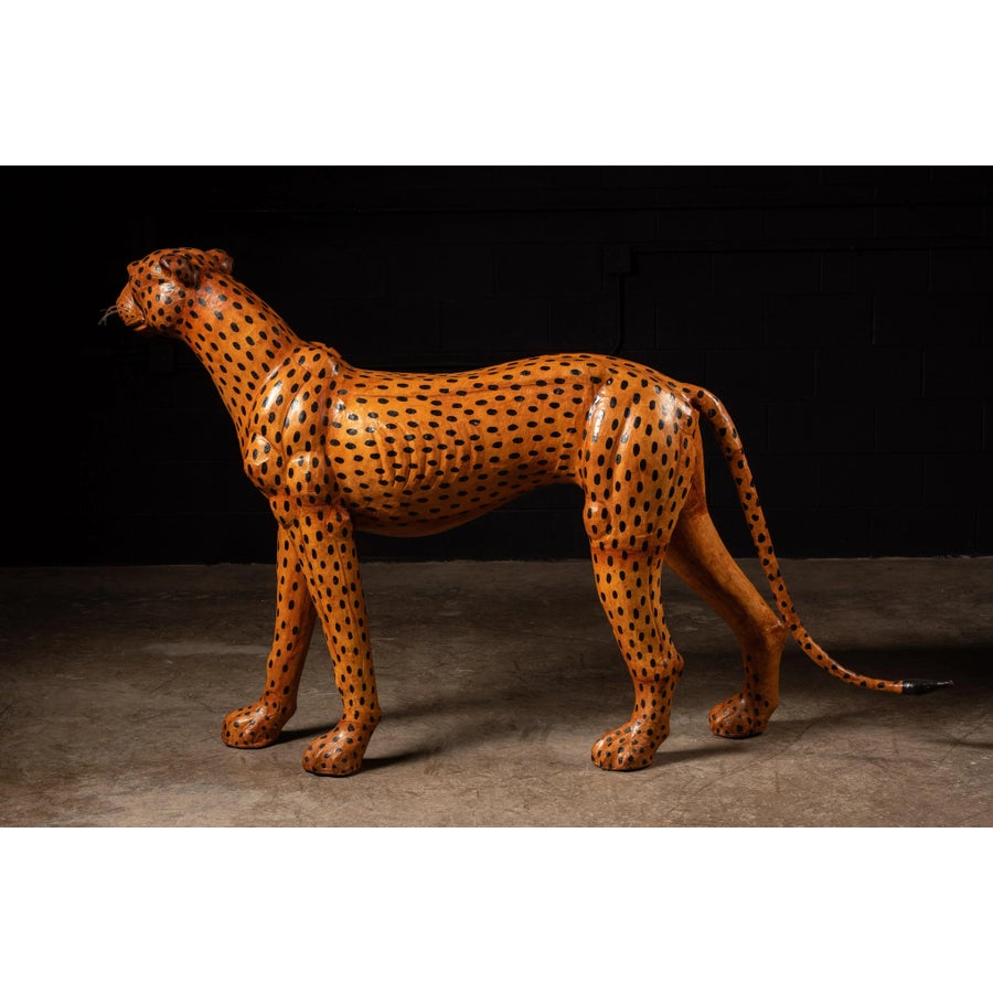 Mid 20th Century Leather Cheetah Sculpture with Glass Eyes
