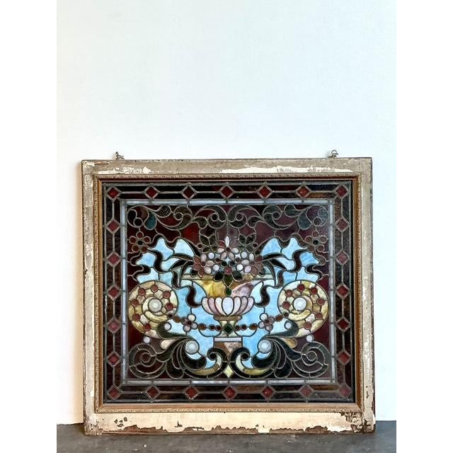 Mid-Century Modern Vintage Framed Stained Glass Window For Sale - Image 3 of 12