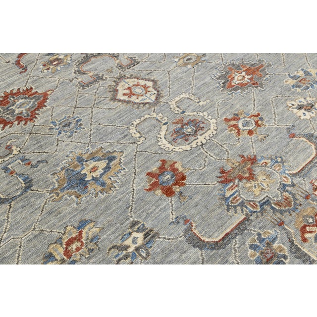Modern Oushak Style Hand-Knotted Wool Rug in Slate Grey, Terracotta, and Blue For Sale - Image 11 of 12