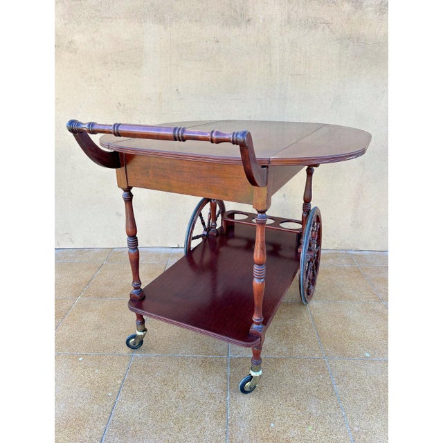 1950s Vintage Wood Tea & Bar Cart with Drop-Leaf Sides and Bottle Holder, 1940s For Sale - Image 5 of 10