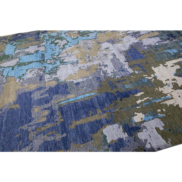Blue Modern Abstract Indian Handmade Blue Wool and Silk Rug For Sale - Image 8 of 11