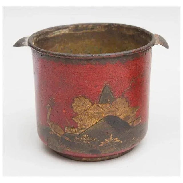 Pair antique French Louis XV tole cachepots or bottle coolers. Decorated with Chinese figures on a scarlet red ground....