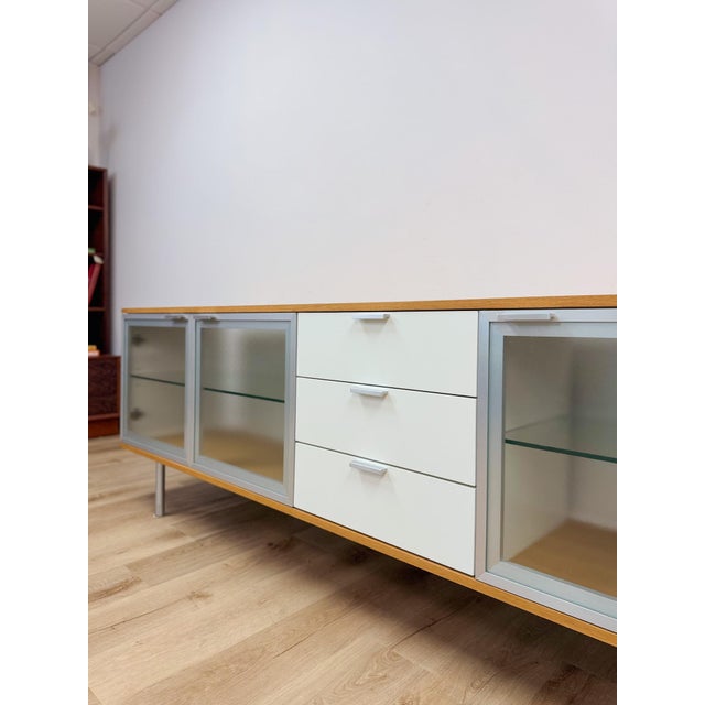 Mid 20th Century Modern MCM Wood Glass Metal Sideboard Credenza White Natural Frosted Glass For Sale - Image 5 of 13