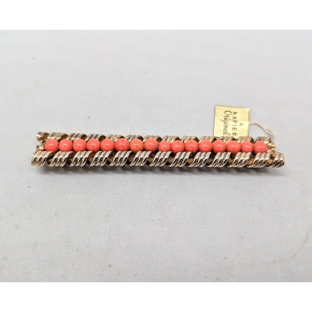 Napier Vintage 1960s Signed Napier Goldtone & Faux-Coral Beaded Bar Brooch For Sale - Image 4 of 7