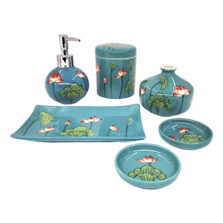 Hand-Painted Lotus Ceramic Bathroom Vanity Set 6 Pieces in Turquoise Glaze For Sale