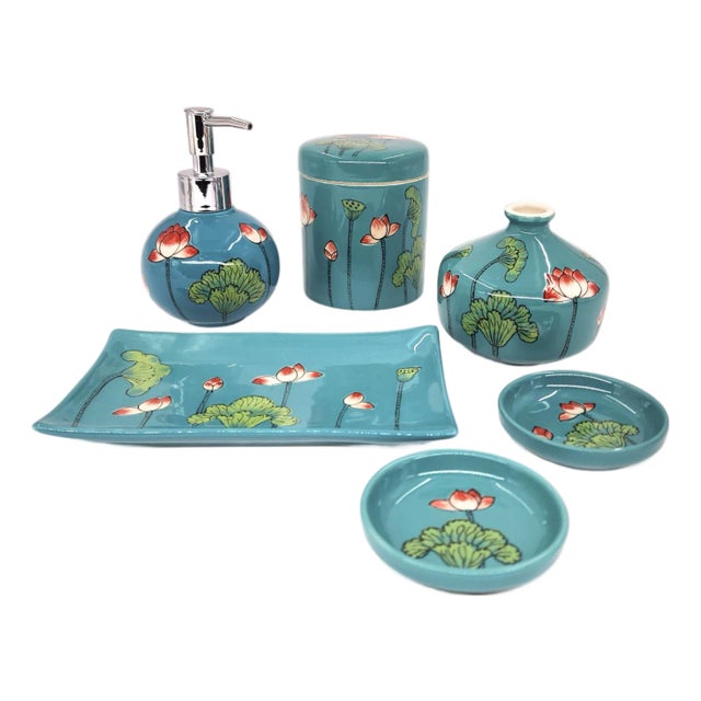 Hand-Painted Lotus Ceramic Bathroom Vanity Set 6 Pieces in Turquoise Glaze For Sale