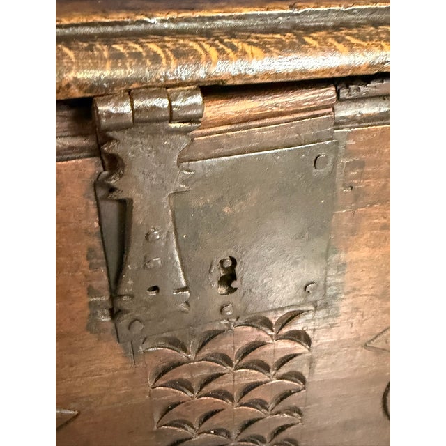 Antique English Carved Oak Trunk, 1650 For Sale - Image 6 of 18