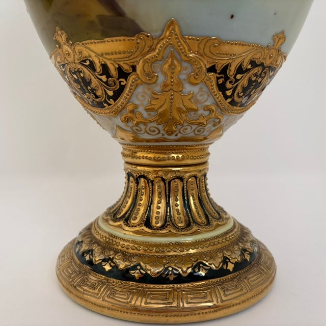Blue Antique Nippon Hand-Painted Scenic Covered Urn With Gilt & Jeweled Enamel, C. 1900 For Sale - Image 8 of 18