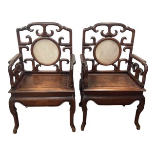 Pair of Antique Chinese Hardwood Armchairs With Marble Inserts For Sale
