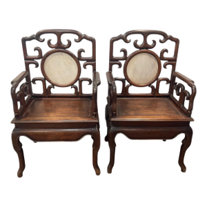 Pair of Antique Chinese Hardwood Armchairs With Marble Inserts