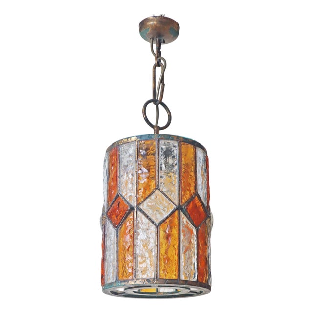 Brutalist Longobard Lantern Pendant in Hammered Glass, Italy, 1960s For Sale