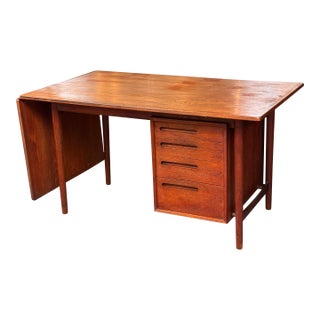 Mid 20th Century Danish Design Extension Office Desk, Teak Wood For Sale