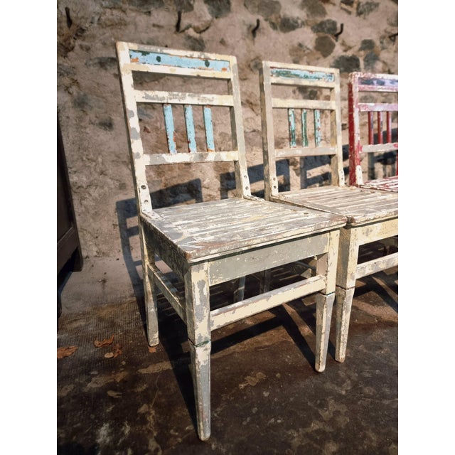 A charming set of six vintage French beechwood chairs, dating from the 1950s. Originally sourced from a traditional hotel...
