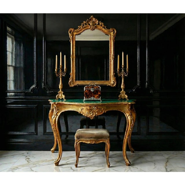 This is an Italian carved giltwood console table with French Louis XV styling. It has a wonderful vibrant faux malachite...