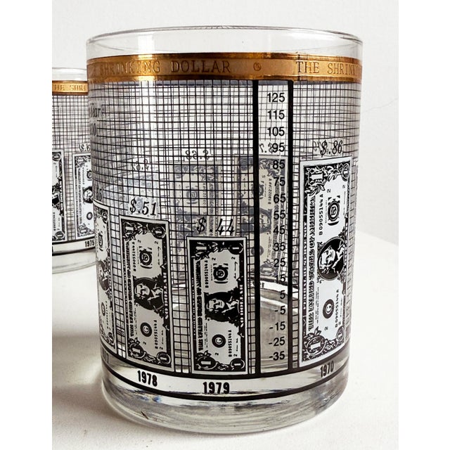 Glass Vintage 1970s Financial 'Shrinking Dollar' Whiskey Glasses With Gold Rim - Set of 4 For Sale - Image 7 of 7
