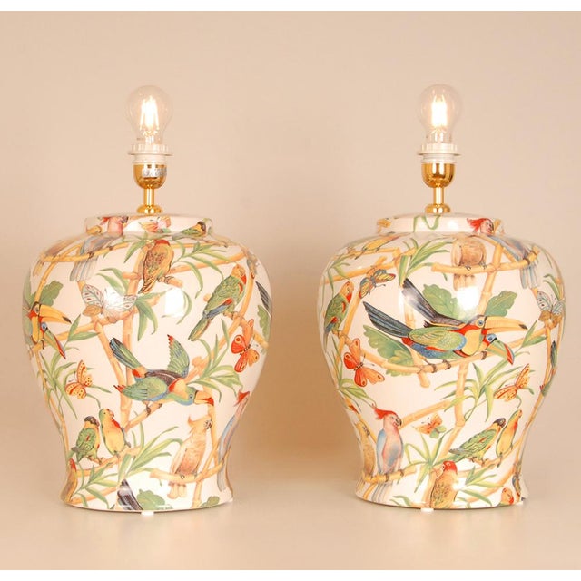 English Vintage Italian Table Lamps Ceramic Parrots Birds Green Cream Tall Porcelain Vase Lamps Tariff Free - A Pair For Sale - Image 3 of 12