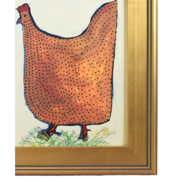 Original one-of-a-kind folk art oil painting of a hen, chicken, or rooster on stretched artist canvas. The talented artist...