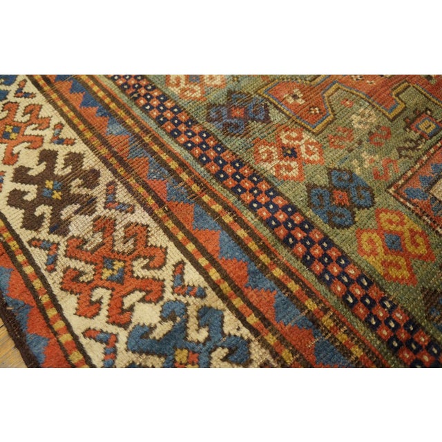 1880s Green Medallion Tribal Antique Caucasian Karachopf Kazak Rug 4' X 7'8" Hand Knotted Wool Carpet For Sale - Image 4 of 6