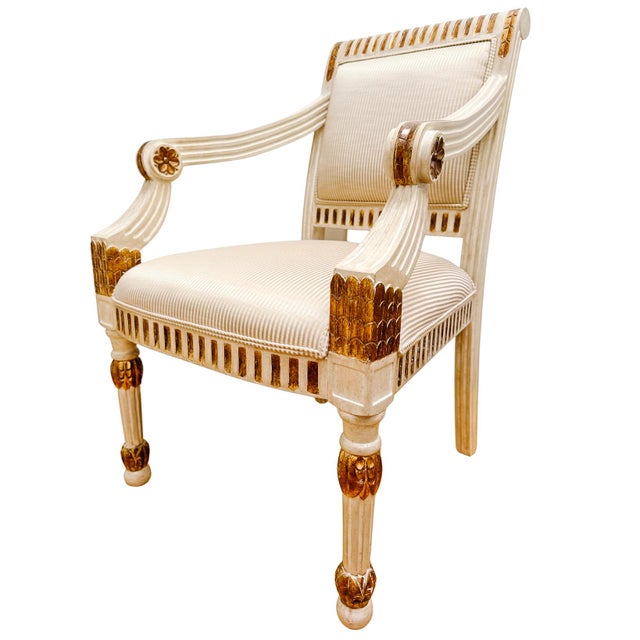 Early 20th Century Vintage Italian Neoclassical Gilt & Painted Armchair Fauteuils With Rosette Carvings - A Pair For Sale - Image 9 of 18