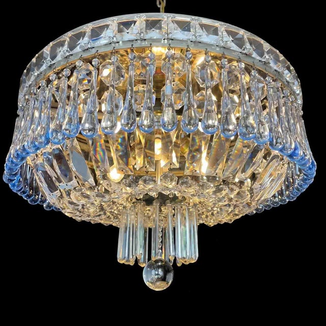 Italian Ceiling Lamp with Blue and Transparent Crystals with Four Lights, 1960 For Sale - Image 9 of 10